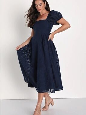 Square Neck Puff Sleeve Midi Dress - Navy